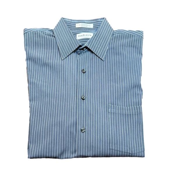 VAN HEUSEN Men's Wrinkle Free Gray Striped Button Up Shirt Size 16/32-33 - Picture 1 of 6